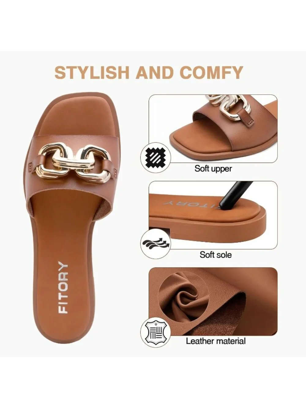 Women's Brown Summer Fashion Slides With Soft Leather Slip on Flat Sandals